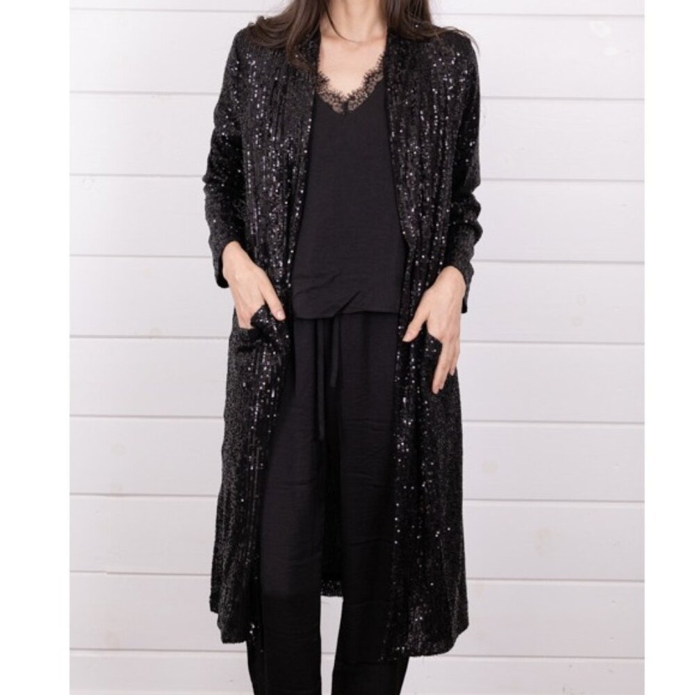 BB DAKOTA Sz M Black Showstopper Sequin Duster - Picture 8 of 12